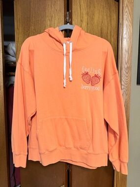 Simply Southern Coral Pullover Hoodie with Strawberry Embroidery